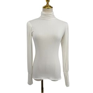 Venus Turtleneck Top Feminine XS White Puff Sleeve Keyhole Back Elegant Chic